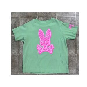 Psycho Bunny Kids Mint Green Pink Graphic Logo Tee Shirt XS 5-6 Pima Cotton